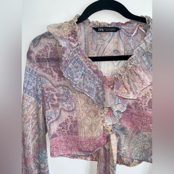 Zara Paisley Ruffle Crop Sheer Button Down Long Sleeve Blouse - Pastel - Medium - Picture 4 of 10